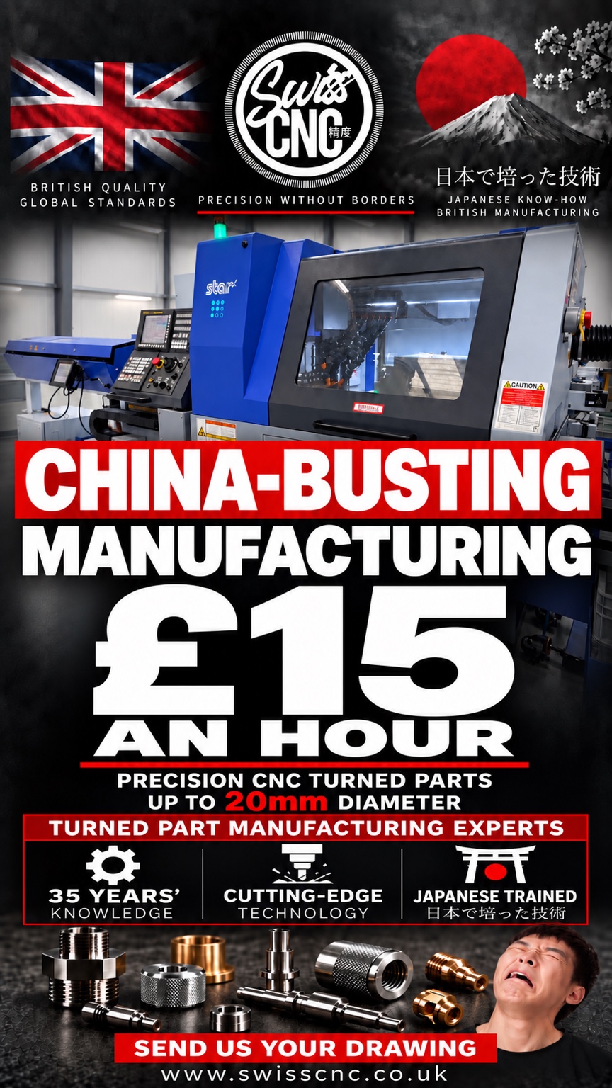 £15 per hour CNC sliding head machining for precision CNC turned parts up to 20mm
